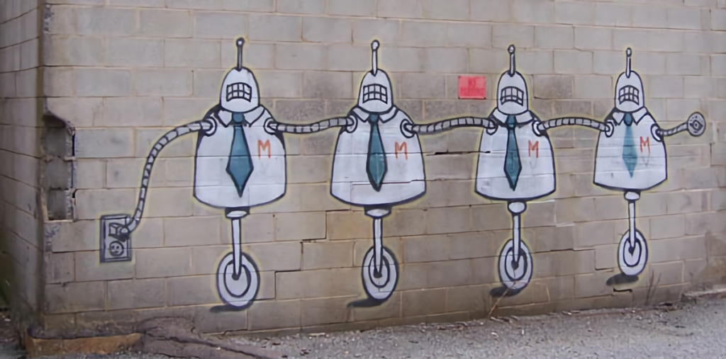 street art four robots on a grey wall