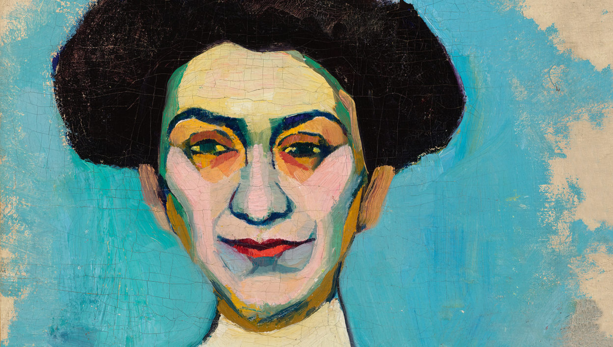 Gemaltes Portrait von Vilkina-Minskaya. Frau mit hochgesteckten schwarzen Haaren sieht den Betrachter direkt an. Bild wird von türkisblauem Hintergrund dominiert.