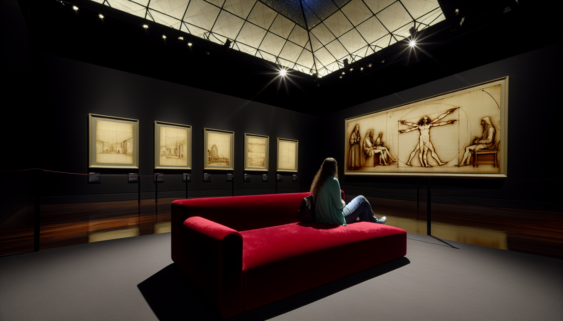 a museums exhibition with scetches from leonardo da vinci in a big hall and one female vistor sitting in front on a red sofa. the room ceiling is dark with some spot lights.
