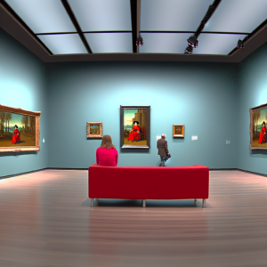 a museums exhibition with picture from franz hals and one vistor sitting in front on a red sofa