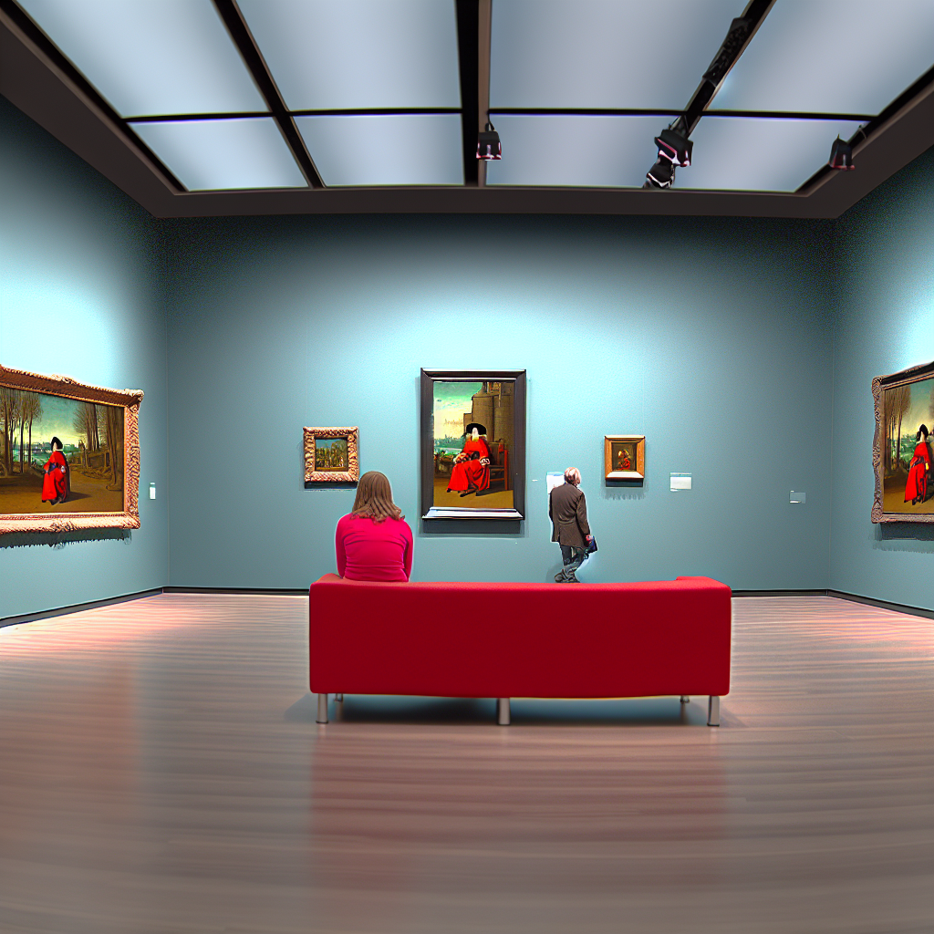 a museums exhibition with picture from franz hals and one vistor sitting in front on a red sofa