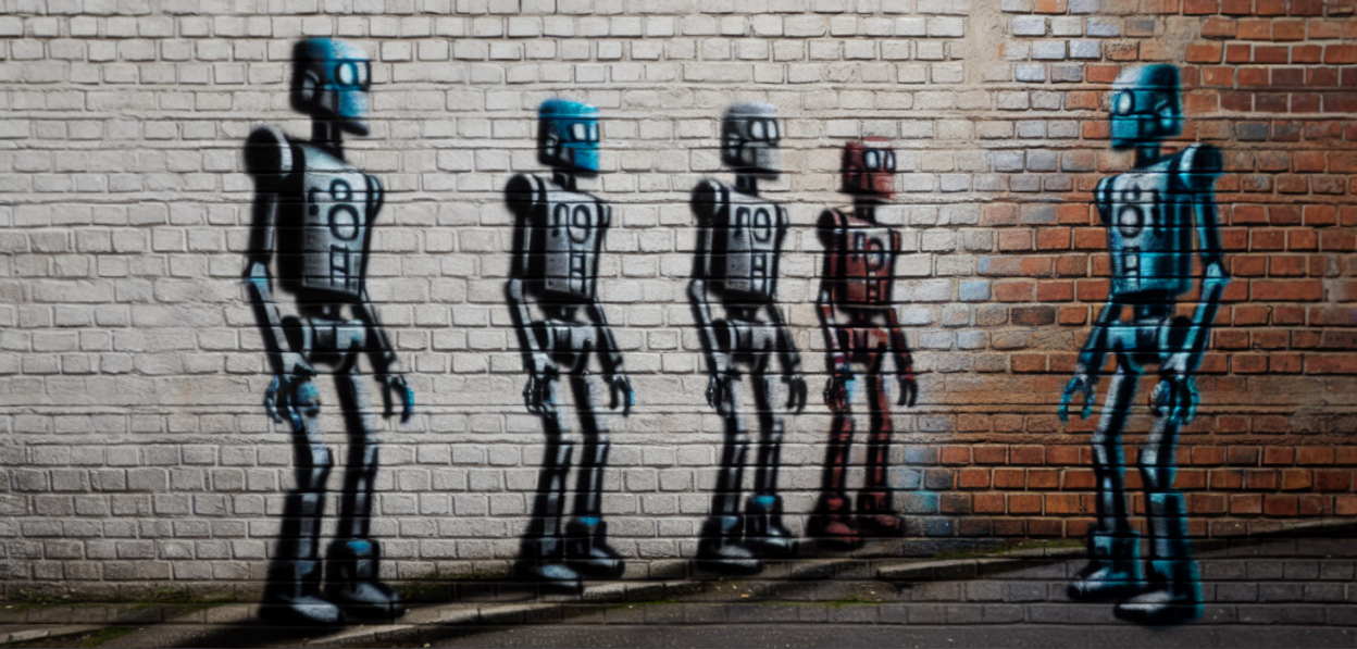 Roboter auf einer Ziegelmauer