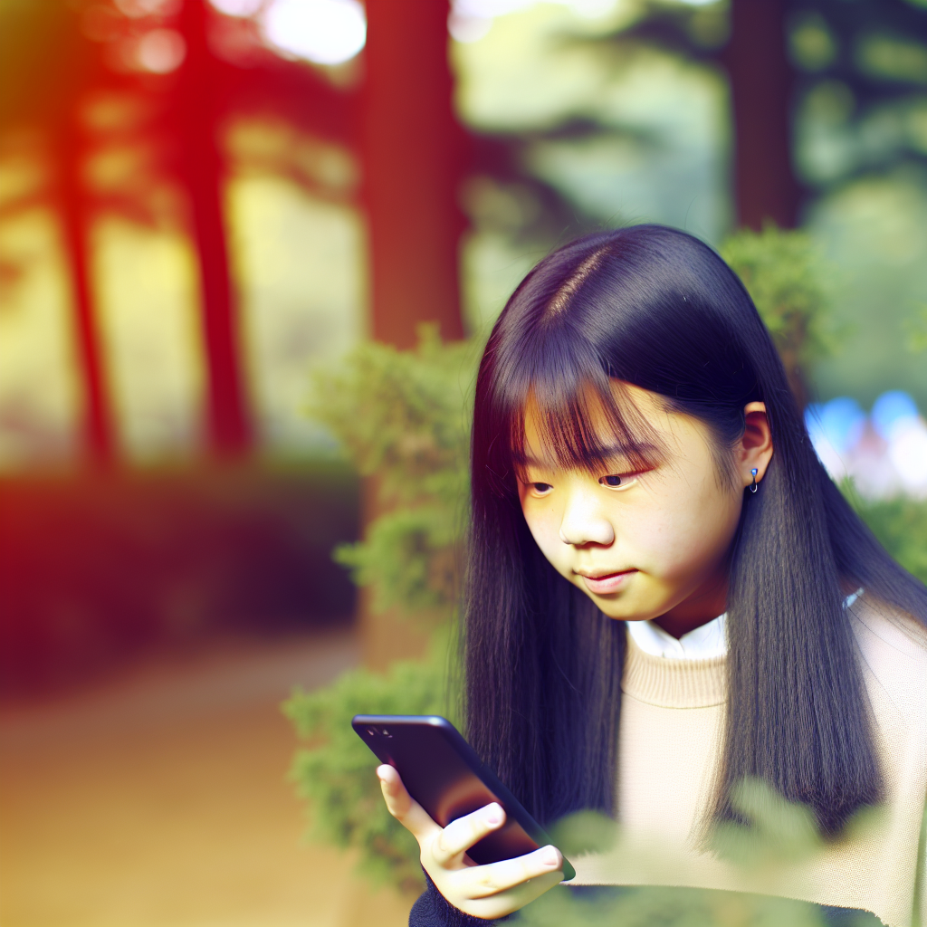 Erzeuge ein Foto mit einem jungen Mädchen mit langen schwarzen Haaren steht im Park und sieht auf ein Smartphone