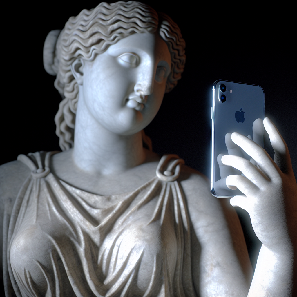 Erzeuge ein Foto mit einer antiken Mamorstatue, die Aphrodite sieht auf ein Smartphone.