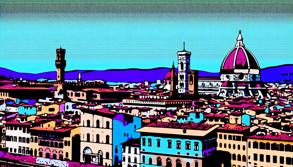 draw a landscape of florence in comic style. with the duomo and only one campanile.