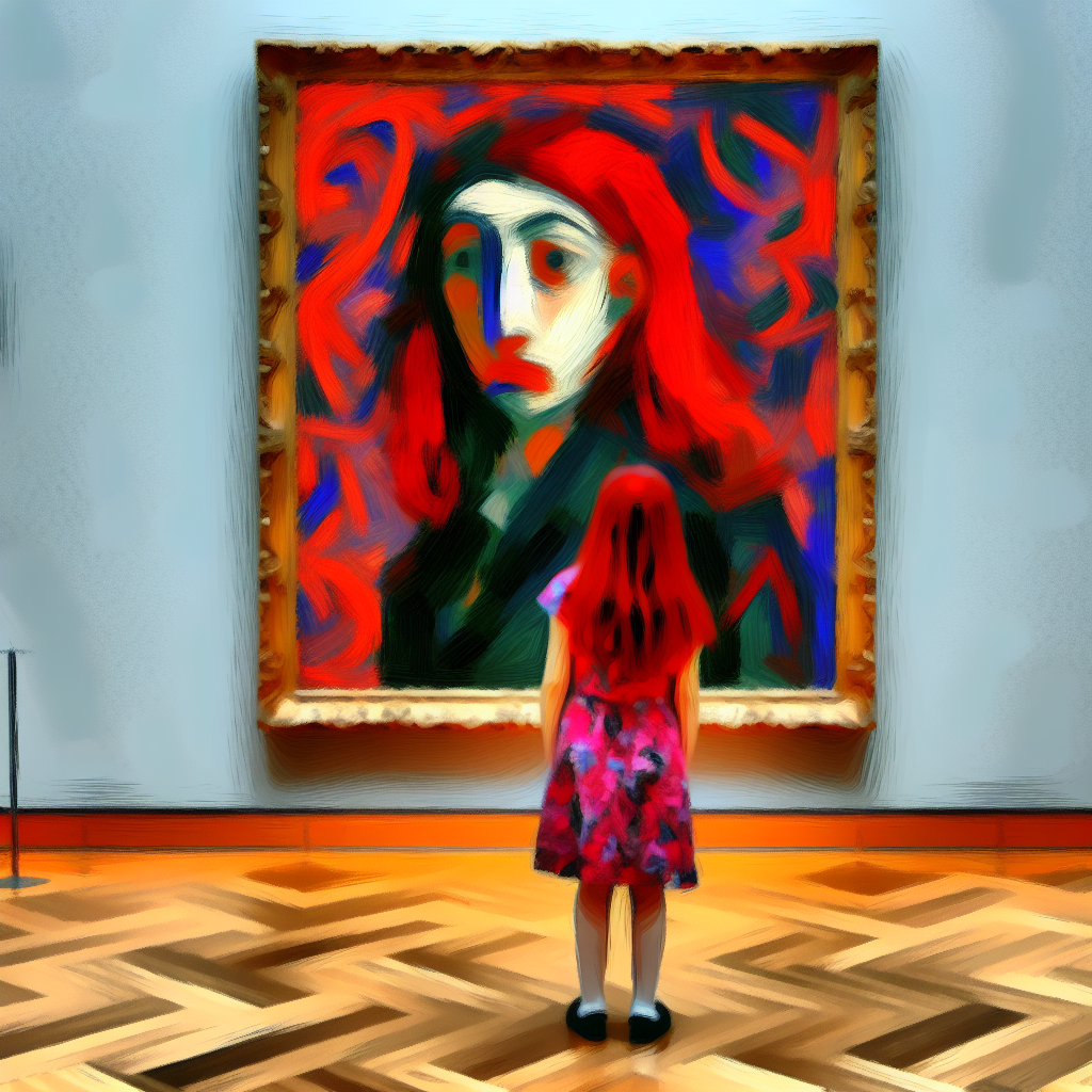 Rothaariges Mädchen vor einem Gemälde mit einem rothaarigen Mädchen. Gemalt mit groben Pinselstrichen.