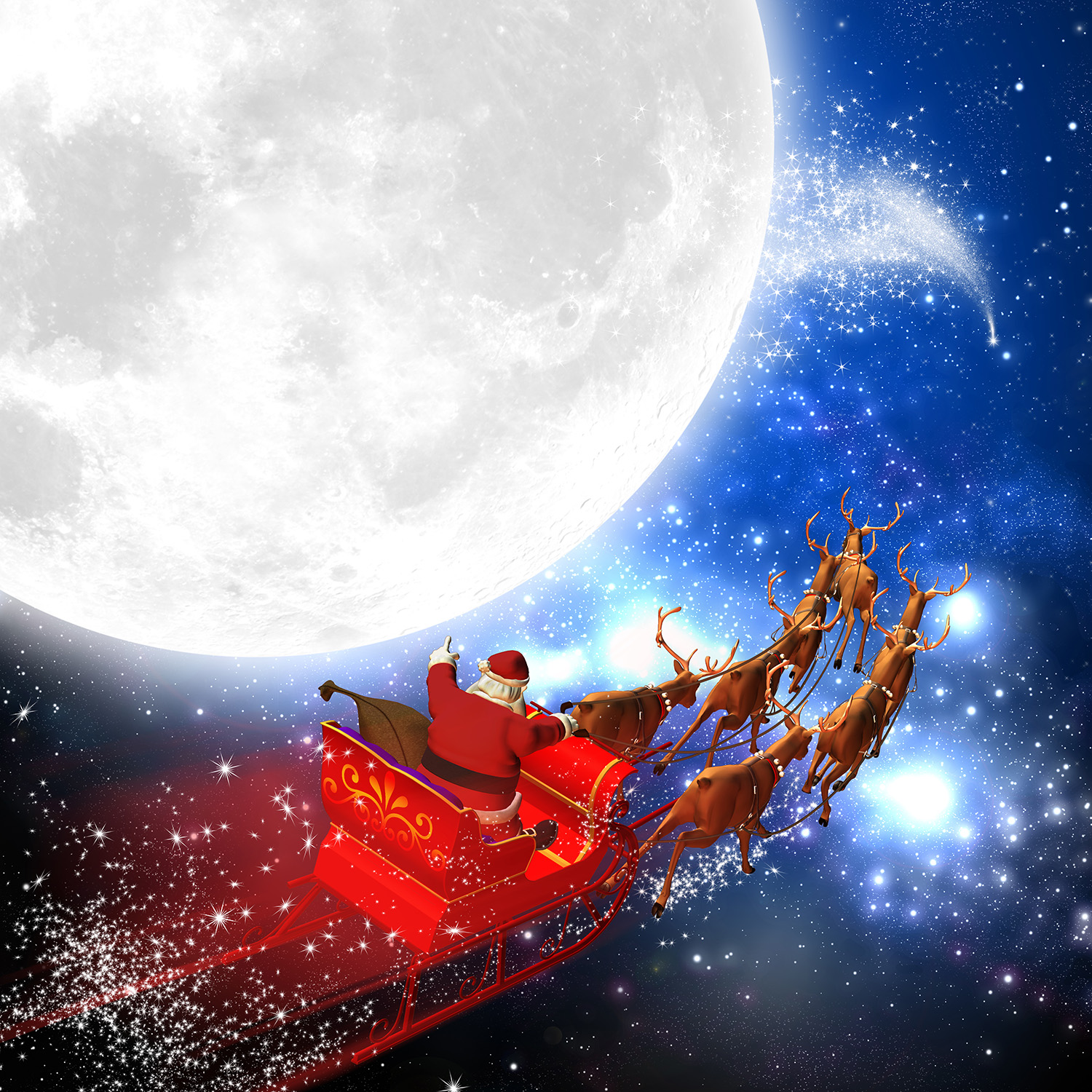 Künstliches Bild vom Weihnachtsmann im roten Schlitten und sechs Rentieren vor dem voll Mond in der Nacht.