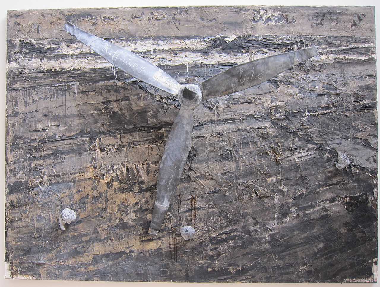 Glaube, Hoffnung, Liebe, emulsion, synthetic polymer paint, shellac on photodocument paper on linen canvas with lead construction by Anselm Kieffer, 1984-6, Art Gallery of New South Wales.