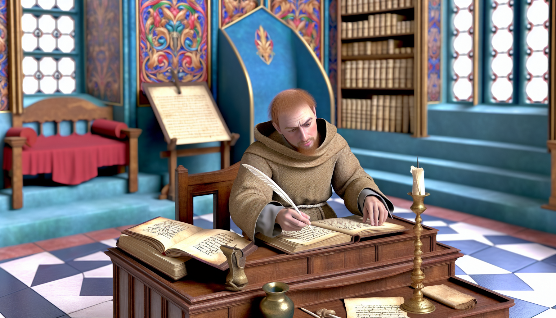 generate a mediaval monk in a scriptorium. he is sitting at a desk an write in a book