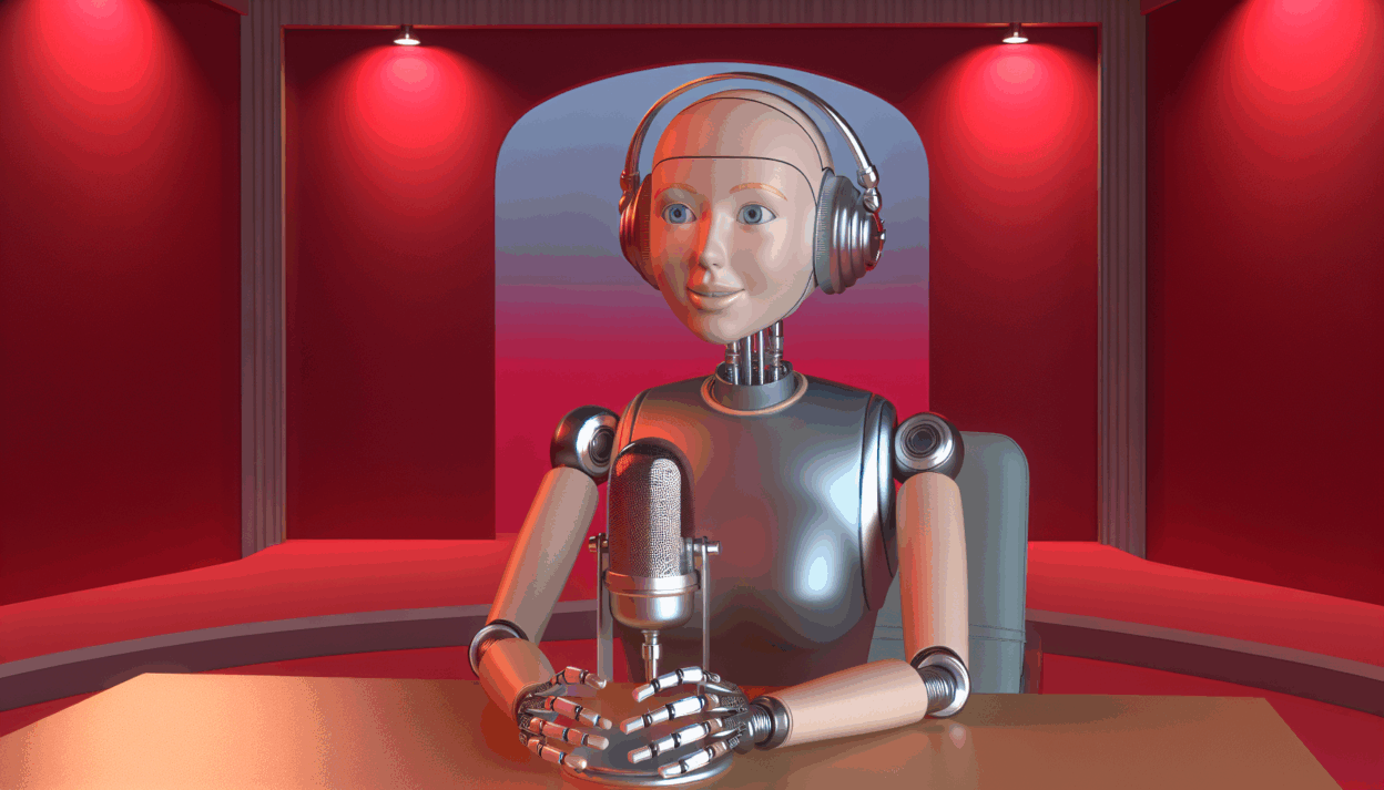 a frendly female human robot sitting in a studio before a microphone. in a room with a smooth red background. it wears headphones
