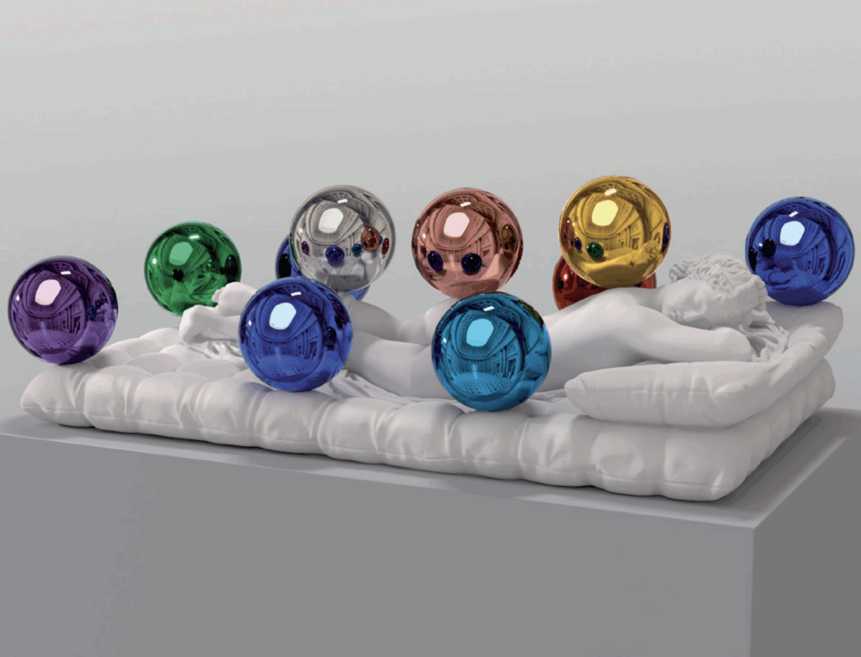 Jeff Koons, (Sleeping Hermaphrodite) Gazing Balls, 2025 Gips und Glas, 60,6 x 179,5 x 100,3 cm Edition 1 of an edition of 3 plus 1 AP © Jeff Koons