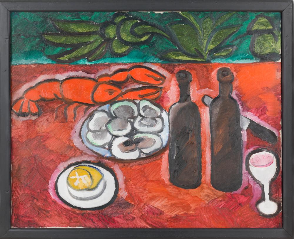 Natalia Goncharova, Nature morte au homard [Naturaleza muerta con bogavante], 1909-1910. Centre Pompidou, París. Musée national d’art moderne / Centre de création industrielle AM 81-65-857 © Natalia Goncharova, VEGAP, Barcelona, 2025. Fotografía: © Centre Pompidou, MNAM-CCI/Hélène Mauri/Dist. GrandPalaisRmn