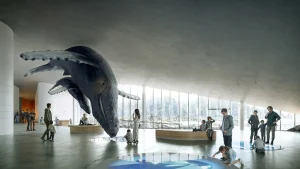 Large suspended whale sculpture in a bright, modern gallery with visitors, benches, and panoramic mountain view windows.